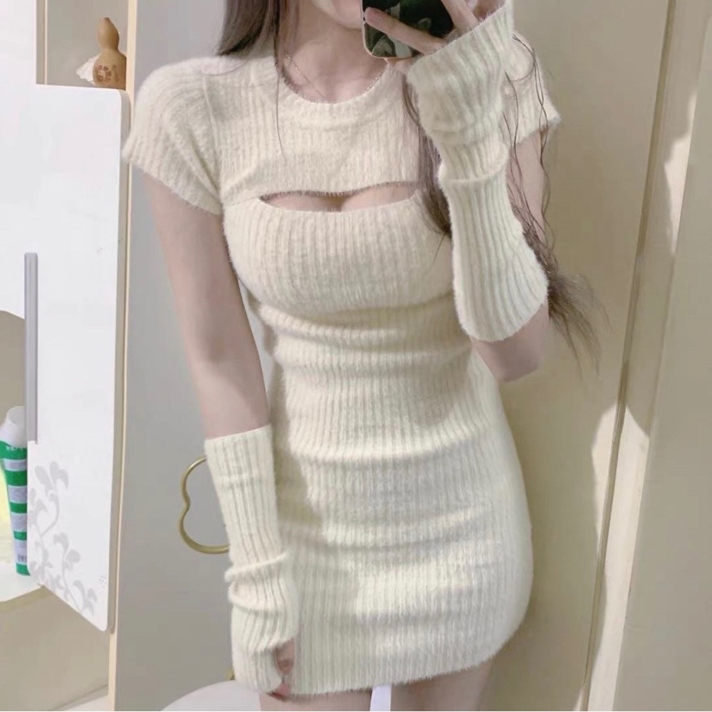 Hollow Dress Sleeve Women Sweater Beige Pure Slim Knit Dress